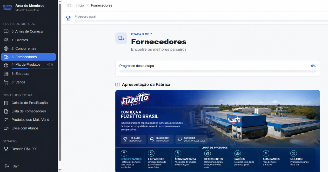 Área de membros da Escola Produtos de Limpeza exibindo a apresentação institucional de uma fábrica parceira