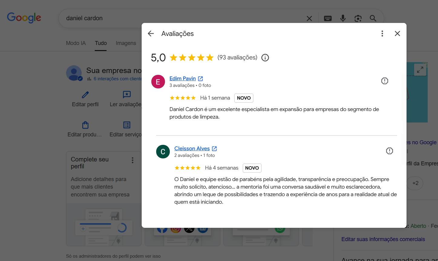 Print das avaliações no Google — Daniel Cardon, 5,0 estrelas
